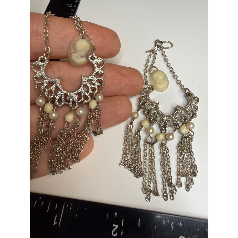 Silver Tone Cameo Faux Pearl Filigree Chandelier Fringe Drop Earrings 5 Inch